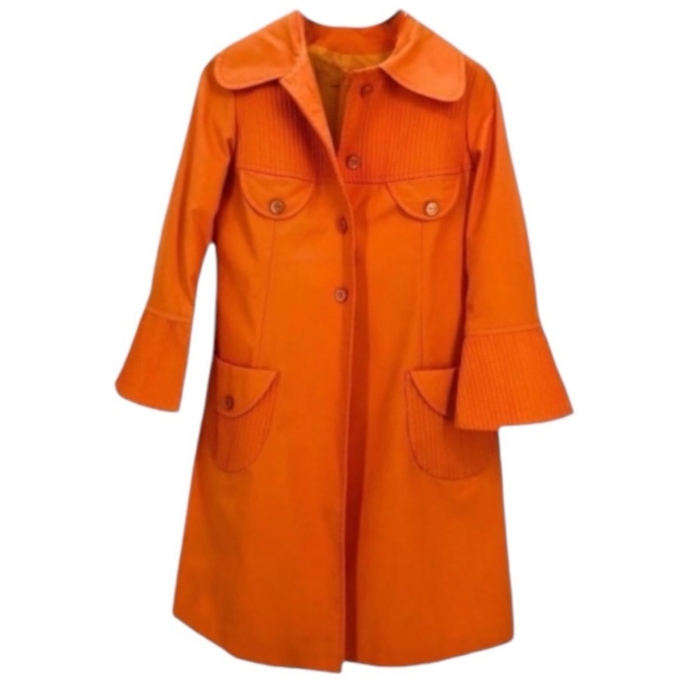 Vintage Orange Mid Length Button Up Trench Rain Coat size Medium